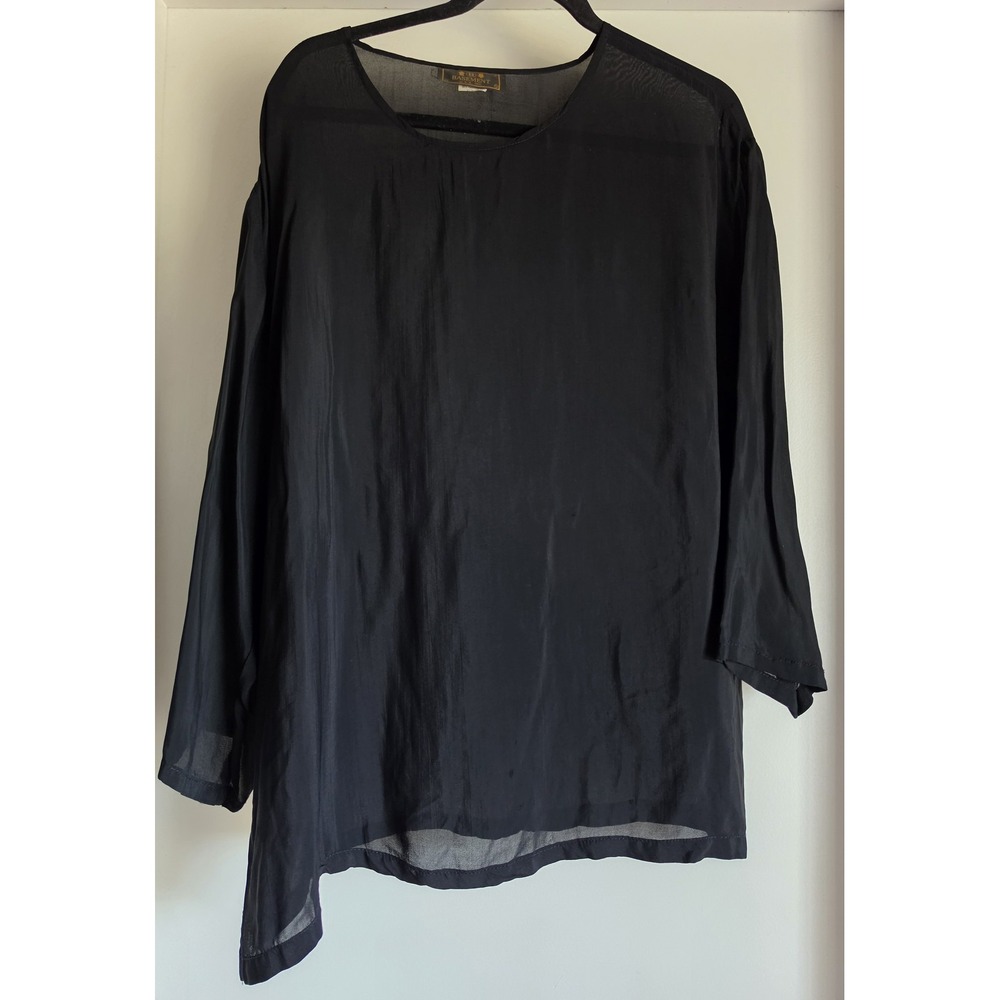 VTG Basement Women Black Long Sleeve Top Round Neck Solid Blouse Pullover Sheer